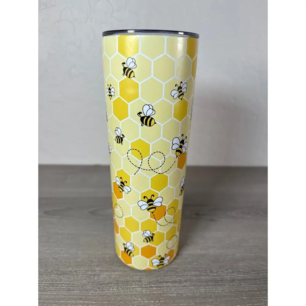 Bee Tumbler 20 oz Stainless Steel Insulated Travel Mug HoneyComb Backdrop‎ EUC